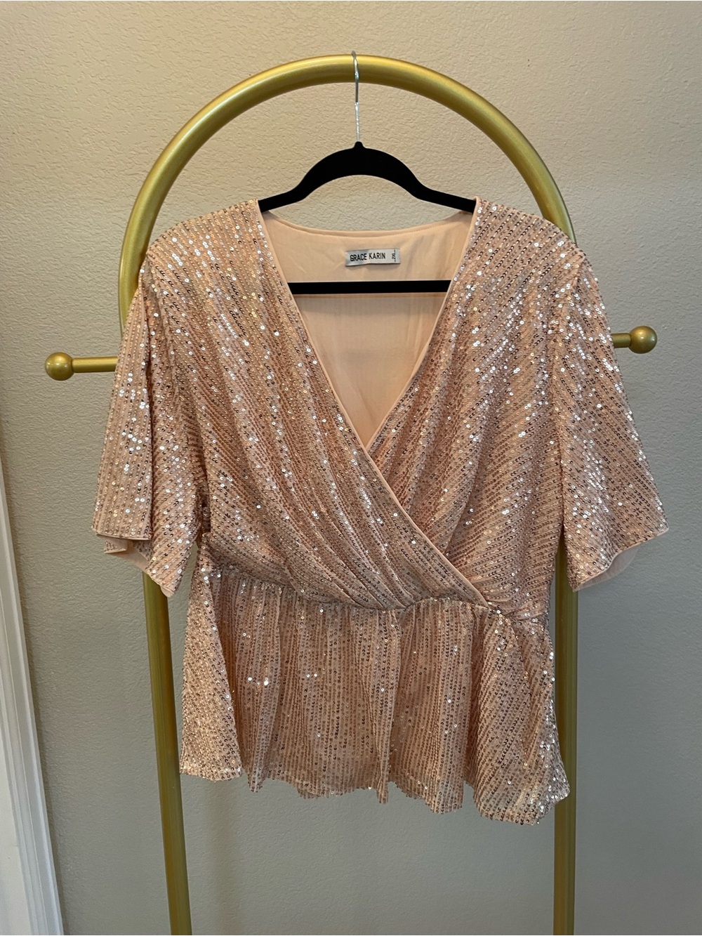 Grace Karin Soft Gold Sequin Wrap Peplum Top